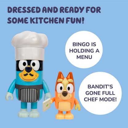 Bluey It's Time For Pavlova With This Pavlova 4 Pack, Includes, Bingo, Bandit In His Chef Hat and Chilli and 2 Accessories, Four 6-7.6 CM Articulated Figures