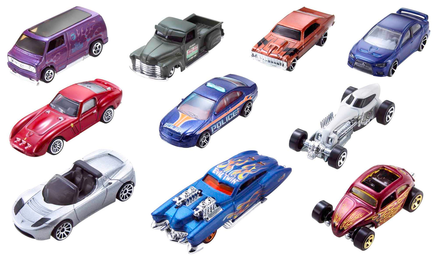 Assorted Hot Wheels die-cast toy cars and trucks in 1:64 scale, featuring race cars, police cars, and firetrucks.