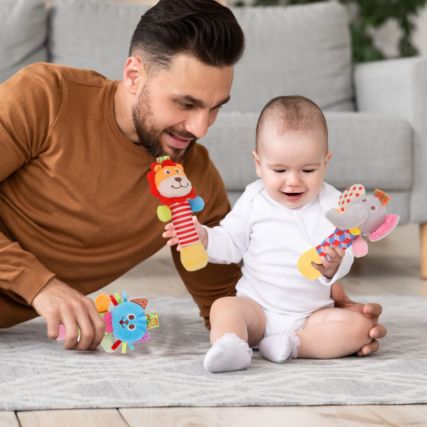 Baby Soft Rattles, 3 Pack Plush Animal Rattle Toys for Babies 0-6 Months, First Baby Sensory Toy with Sound for 0 3 6 Month Infant Gift (Elephant, Lion, Cat)