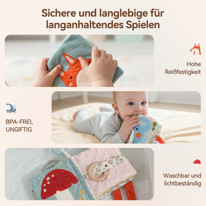 WOODEN TEETHER Baby Soft Books 0-6 Months, Touch and Feel Crinkle Cloth Activity Books - Sensory Books Toy with Mirror for Newborns 0 3 6 12 Months, Car Seat Gifts for Infants Girls Boys