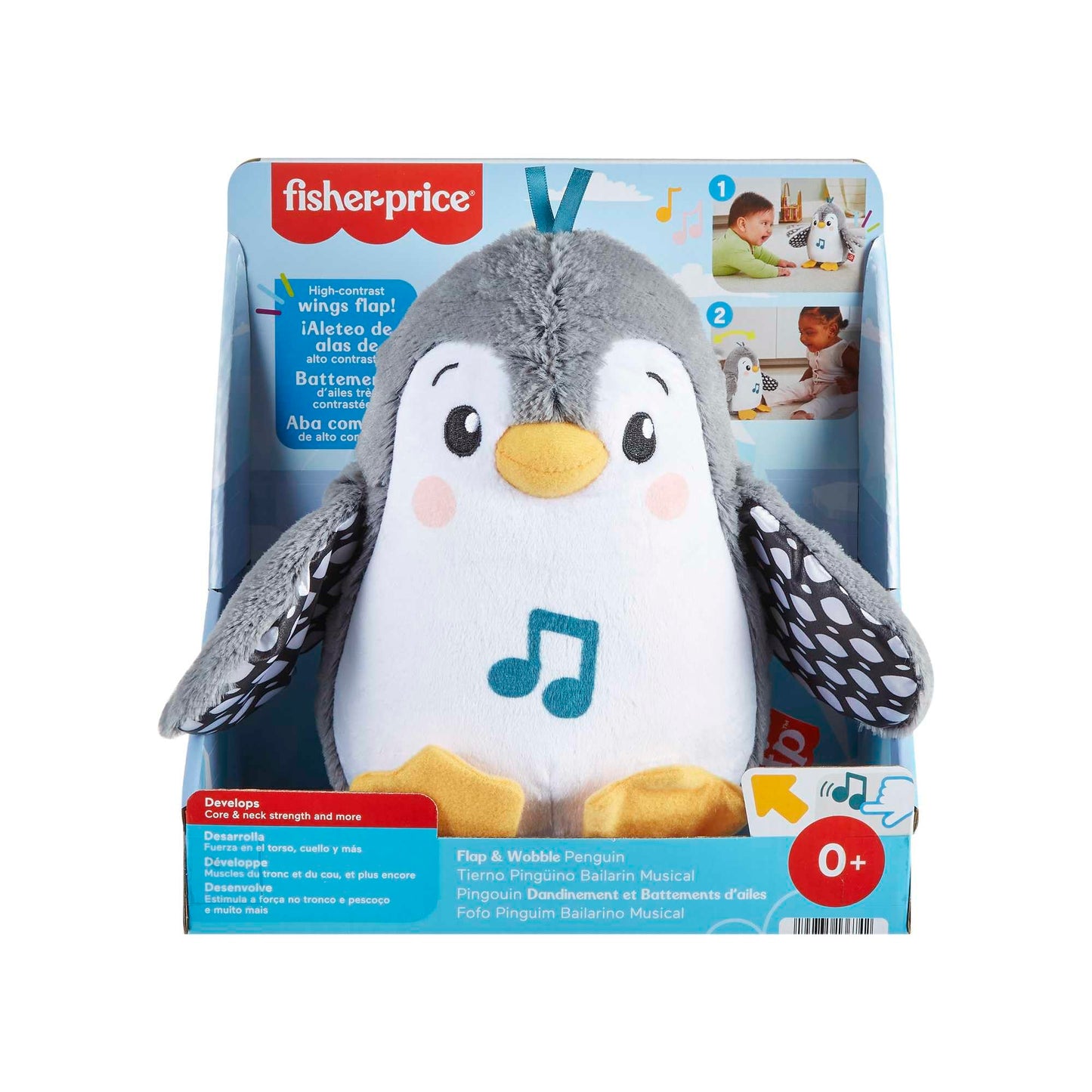 Fisher-Price plush penguin tummy time toy with flaps, wobble movement, and music for sensory play for newborns 0+ months.