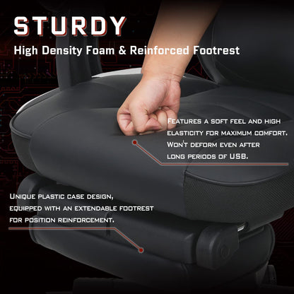 Fullwatt racing gaming chair for adults with footrest, massage lumbar pillow, swivel, adjustable height, recline, black PU leather.