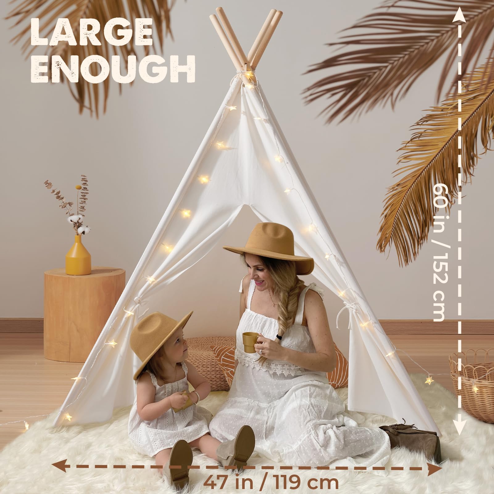 Tiny Land kids' teepee tent in raw white canvas with padded mat, light string, carry case, foldable indoor/outdoor playhouse for children