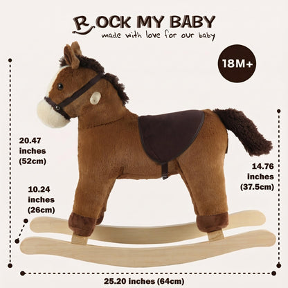 Rock My Baby Rocking Horse, Grey Wooden Horse with Sound Effects,Ride-on Toy,Balance Toy (Dark brown)