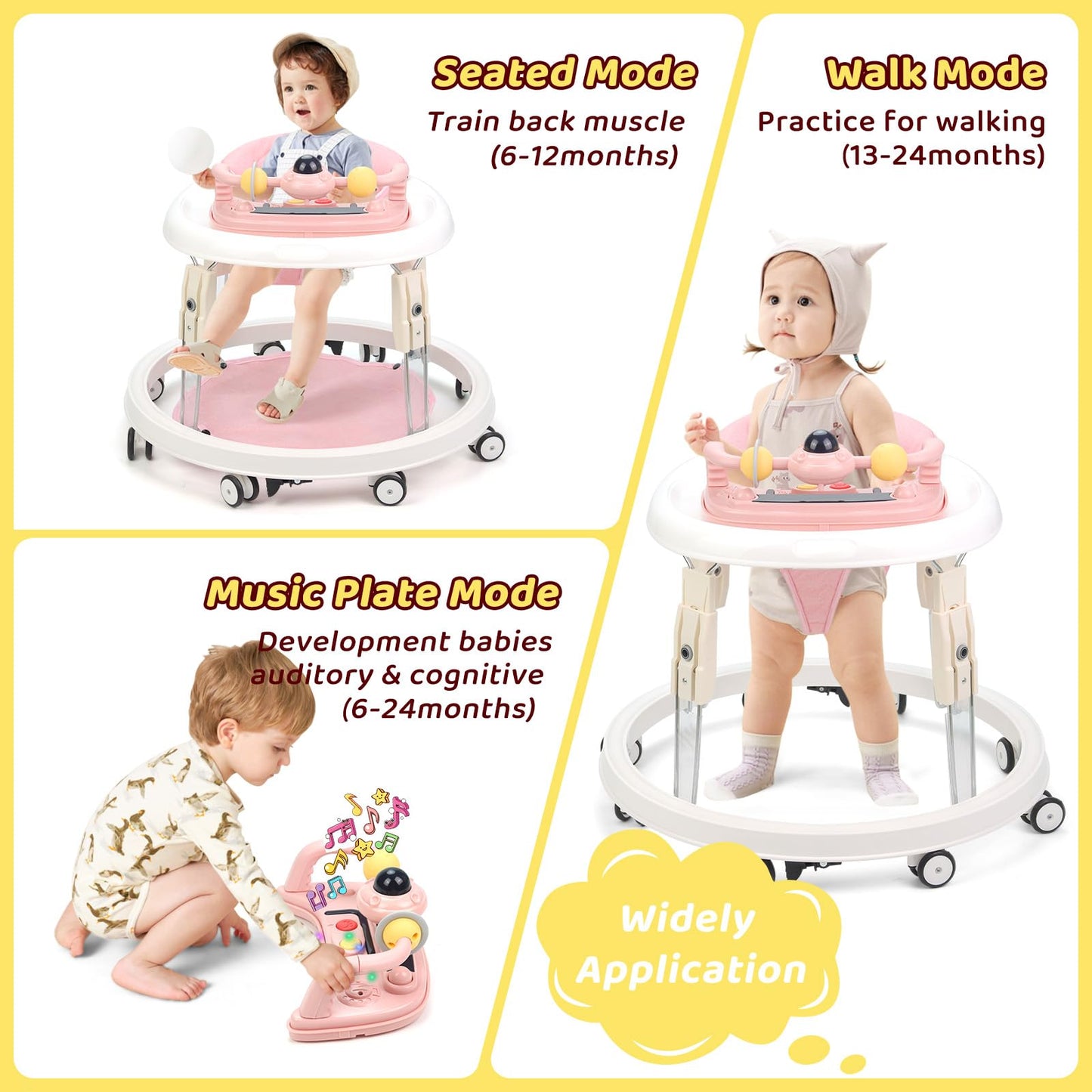 Pink Pioncrey baby walker with foldable design, music tray, lights, 7 adjustable heights, suitable for all terrains for 1-year-olds.