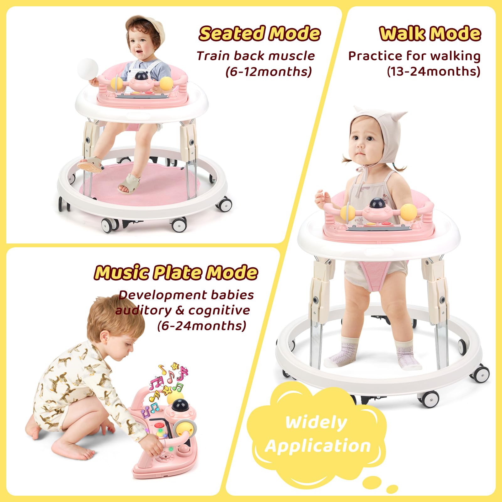 Pink Pioncrey baby walker with foldable design, music tray, lights, 7 adjustable heights, suitable for all terrains for 1-year-olds.