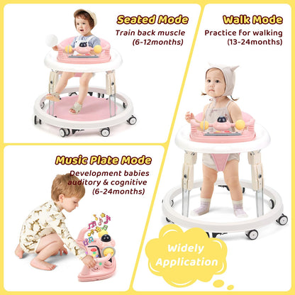 Pink Pioncrey baby walker with foldable design, music tray, lights, 7 adjustable heights, suitable for all terrains for 1-year-olds.
