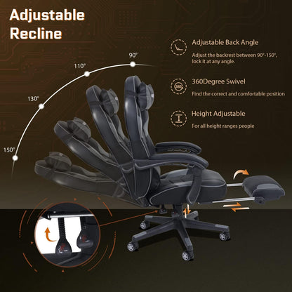 Grey PULUOMIS gaming chair with footrest, ergonomic design, headrest, lumbar support, and massage features for adults.