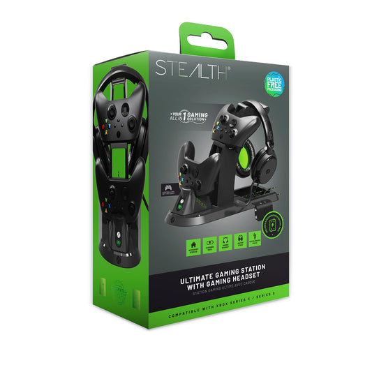 STEALTH Ultimate Gaming Station for Xbox Series X/S with matching headset, controller stand, braided USB-C cable, and rechargeable battery pack.