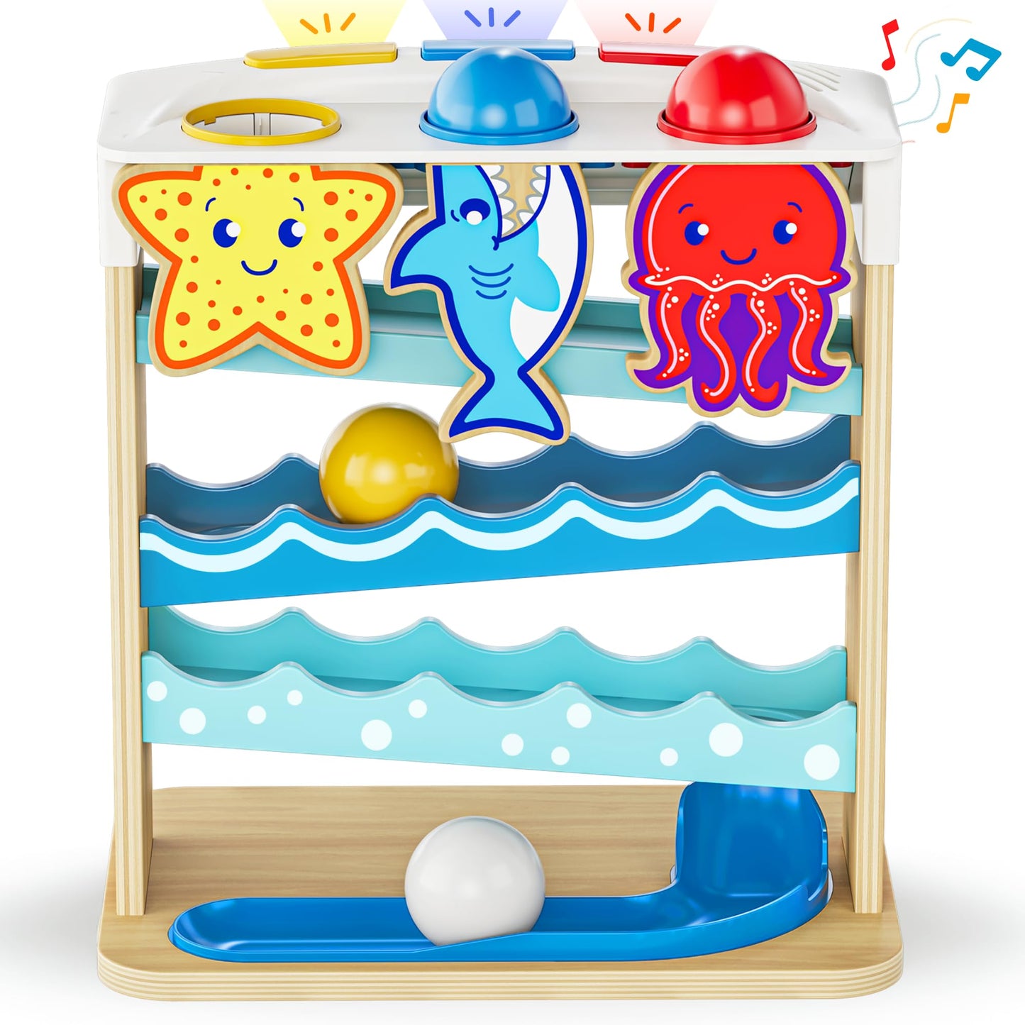 Wooden Ocean Friends interactive toy by Move2Play, featuring colorful sea creatures for babies aged 6 to 12 months.