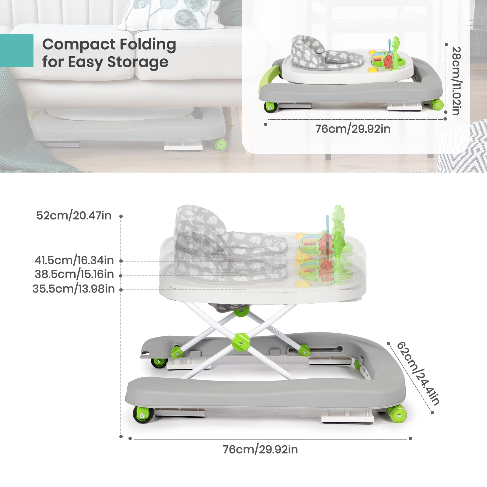 Hadibio 2-in-1 baby walker with foldable height adjustment, music and lights, converts to push walker and feeding seat in grey.