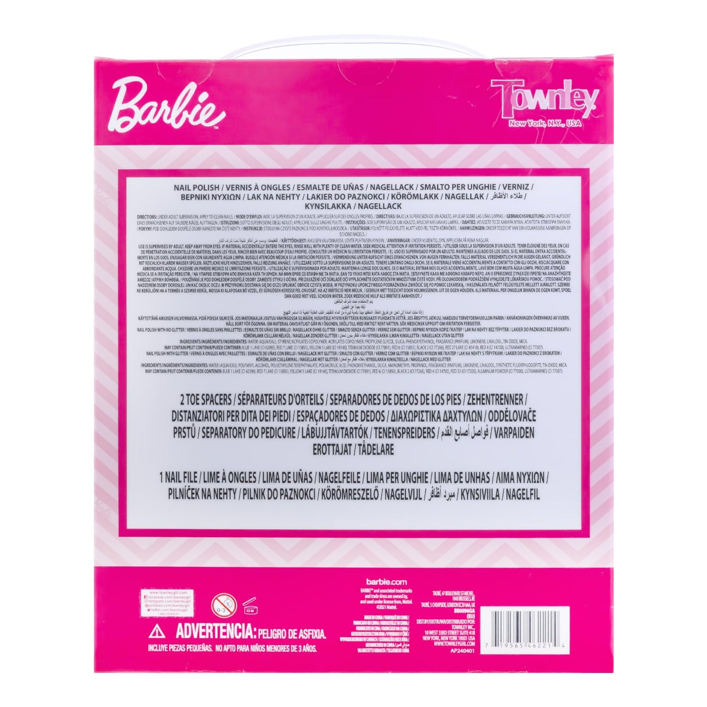 Barbie 18 Piece Set Kids Water Based Nail Polish Makeup Set, Includes 15 Nail Polishes with 2 Toe Spacer and 1 Nail File for Girls Ages 3+ by Townley Girl