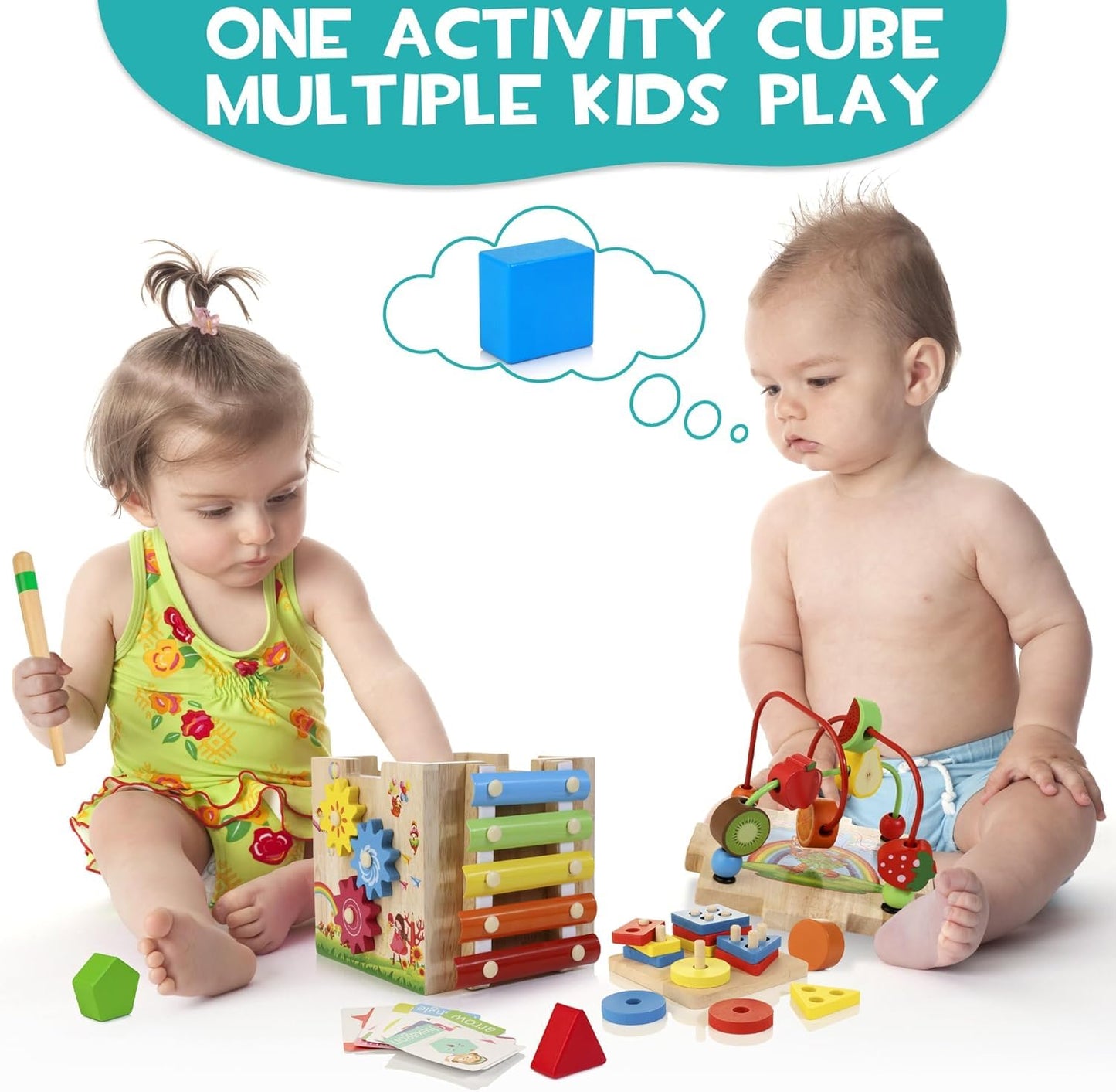 HELLOWOOD wooden activity cube with bead maze, shape sorter, abacus, xylophone, clock, and word learning toys for toddlers aged 1-3.