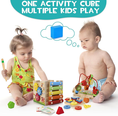 HELLOWOOD wooden activity cube with bead maze, shape sorter, abacus, xylophone, clock, and word learning toys for toddlers aged 1-3.