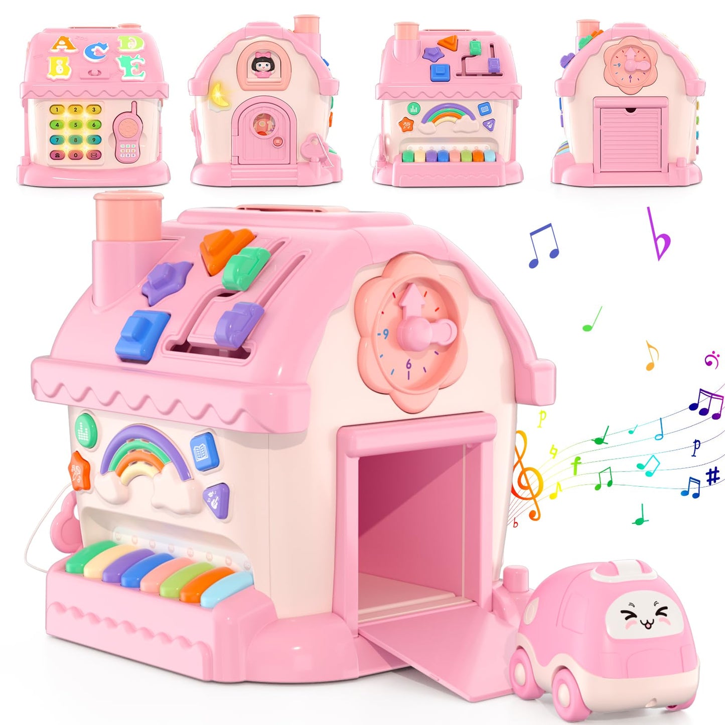 HYES Toys for 1 Year Old Girls, Montessori Educational Toy, 8 in 1 Multi Function Activity House Baby Toy with Music/Car/Clock/Phone/Light, Sensory Toys Birthday Gifts for Baby 1-2 Years
