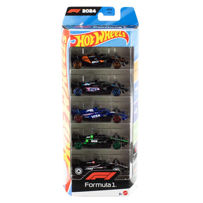 Hot Wheels Formula 1 5-Pack of 1:64 scale die-cast toy cars featuring racing team designs and collectible details.