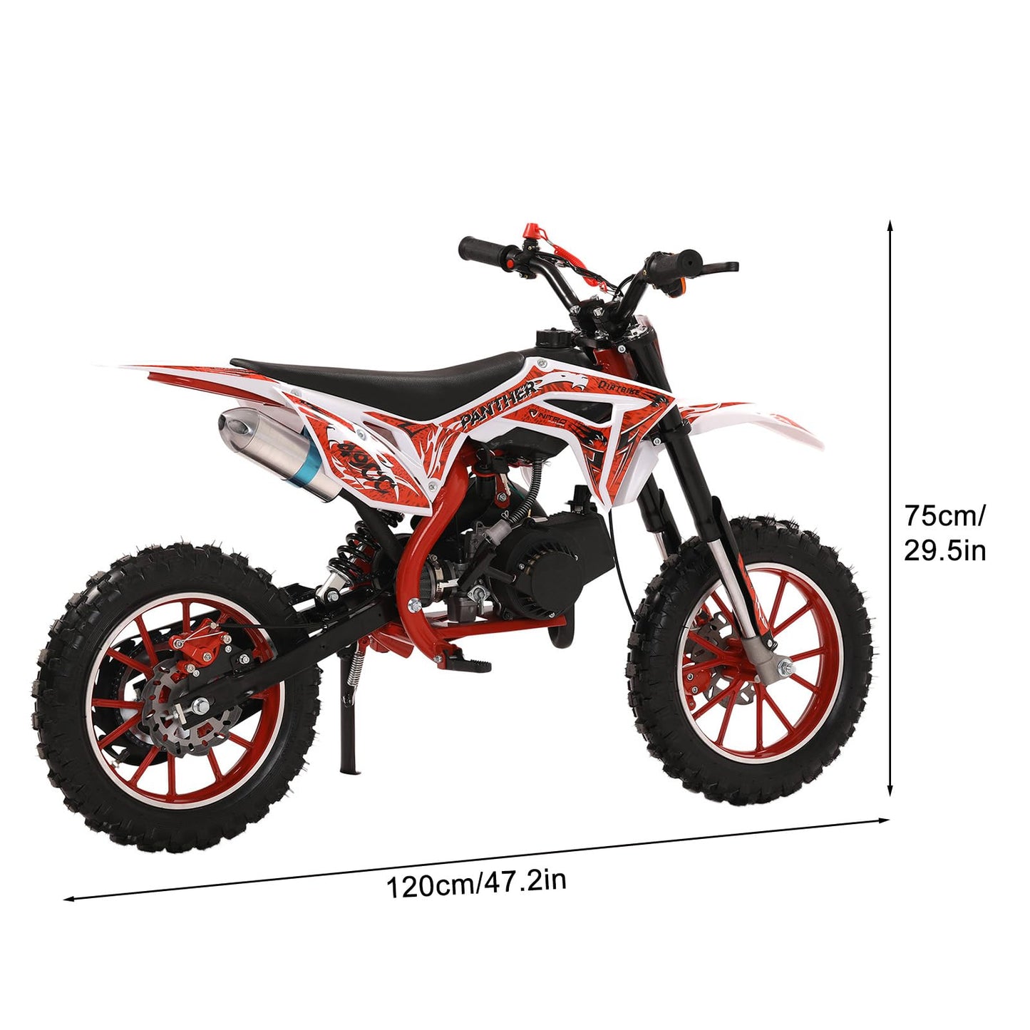 Loqifox 49cc kids dirt bike, gas-powered mini motorcycle with off-road tires and dual disc brakes for children aged 8-12.