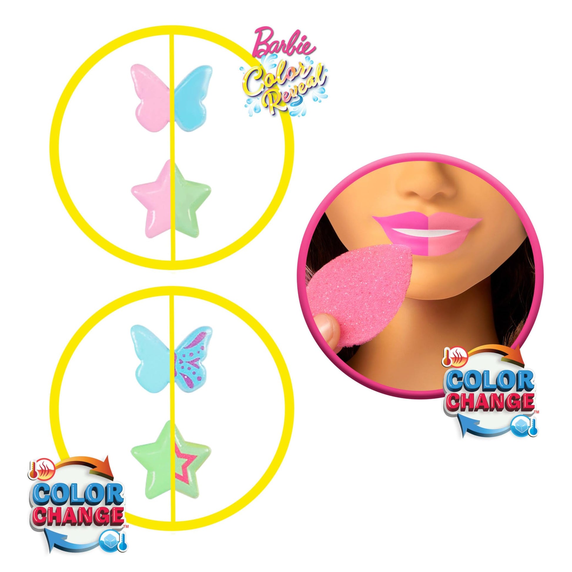 Barbie Doll Styling Head with dark brown hair and 20+ accessories, including star and butterfly color-changing hair clips.