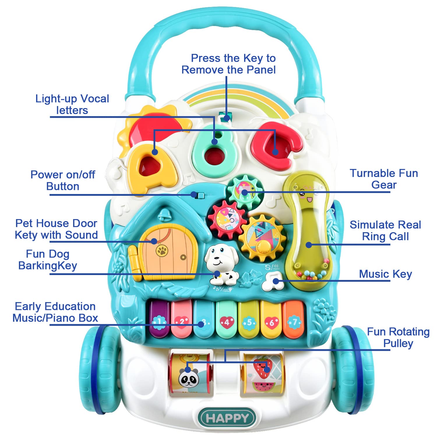 Cemirk Baby Walker with colorful shapes, sounds, music, and pretend play features for infants and toddlers 6 months to 3 years.
