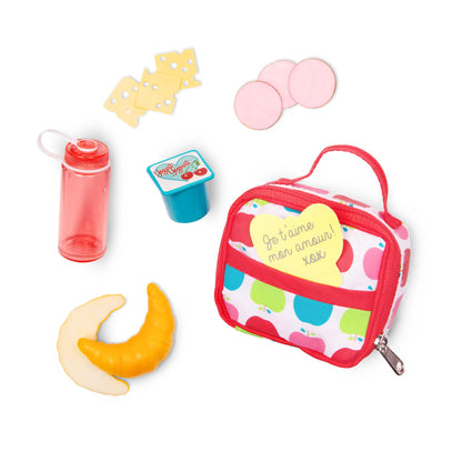 Our Generation School Lunch Bag with play food set, perfect for 18-inch doll pretend play accessories.