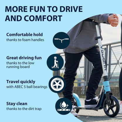 HUDORA BigWheel Pure Scooter in aluminium, adjustable height, foldable design, suitable for teens and adults up to 100kg.