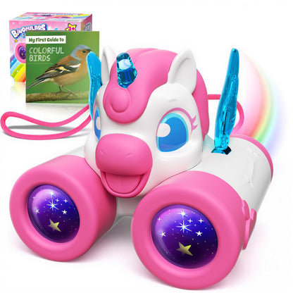 Kidluna kids binoculars with bird watching manual, colorful unicorn design for girls ages 3-9, outdoor garden toy and travel gift