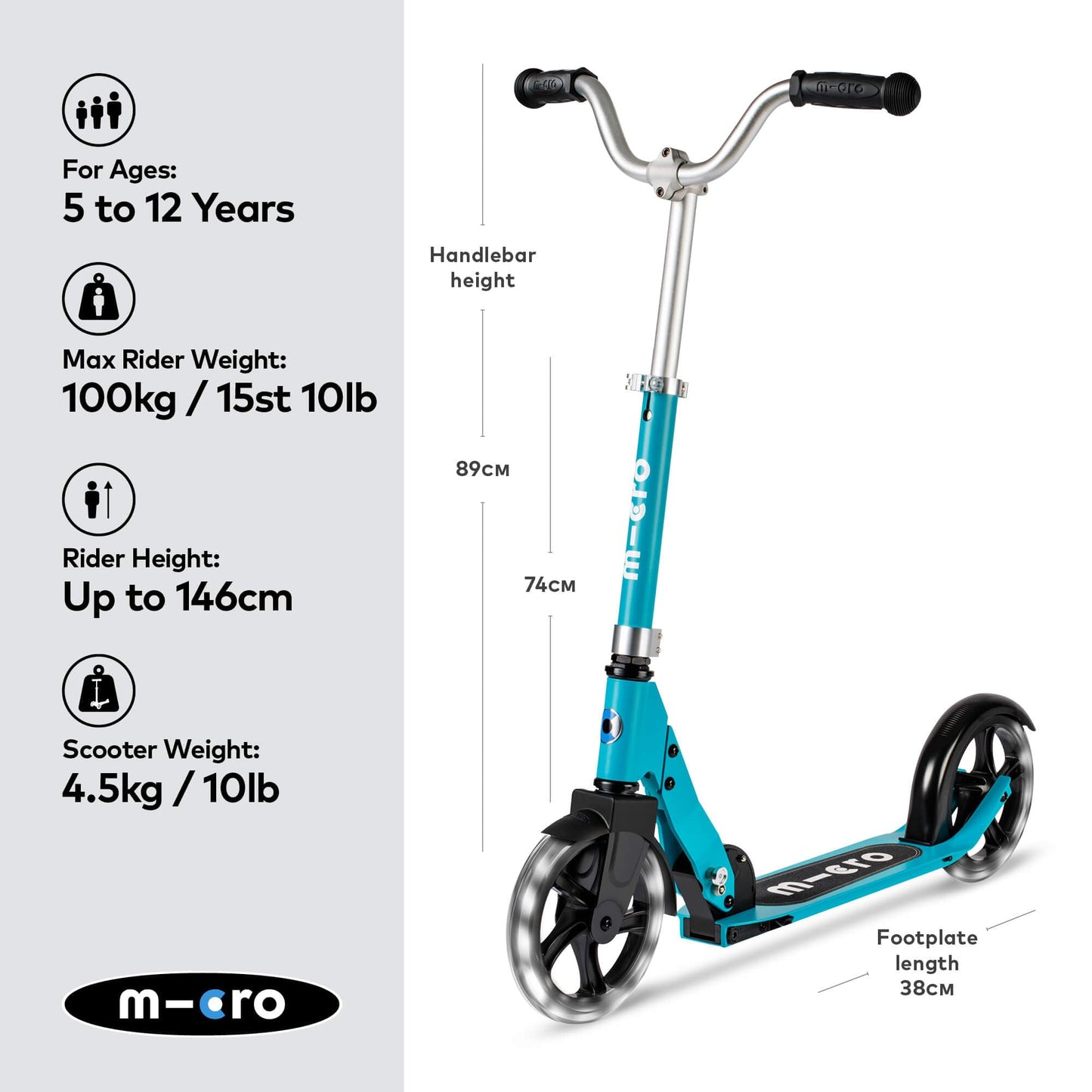 Micro Cruiser LED children's scooter in aqua with adjustable handlebar, light-up wheels, and foldable design for ages 5-12.