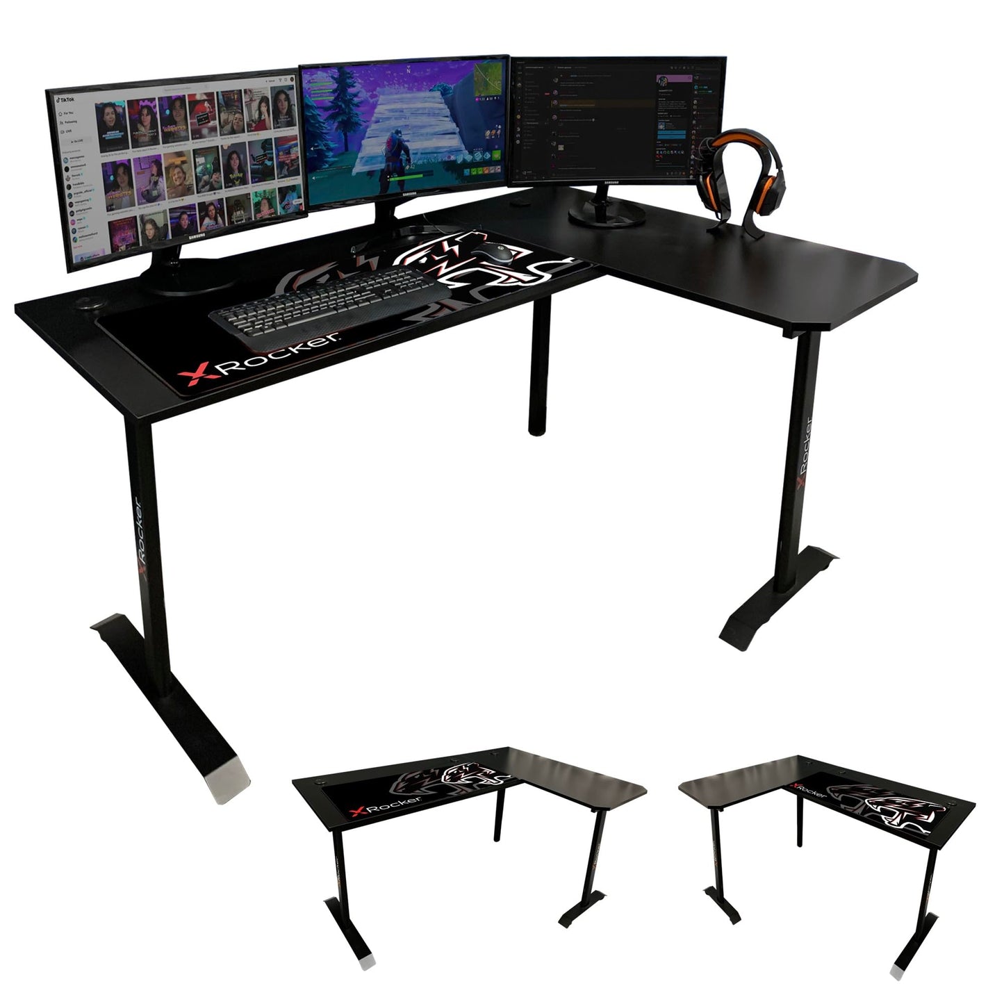 X-Rocker Panther XL 155cm x 108cm, L-Shaped Gaming Desk - Reversible Corner Design, Large Dual Monitor, Sturdy Metal Frame for Adults & Kids - Carbon Black - Mouse Mat Included