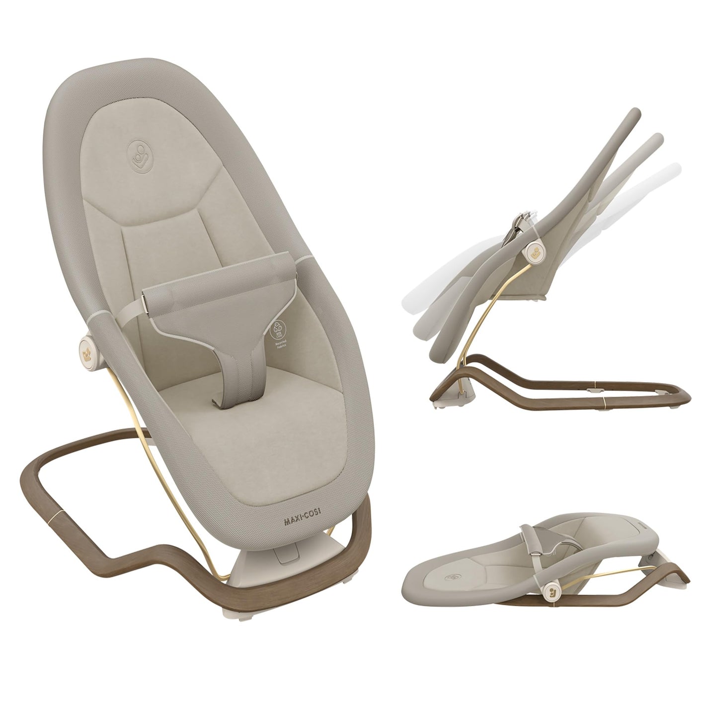 Maxi-Cosi Dove baby bouncer in elegance beige with natural bouncing, lightweight, foldable design, 0-3 years, eco-friendly recycled fabrics.