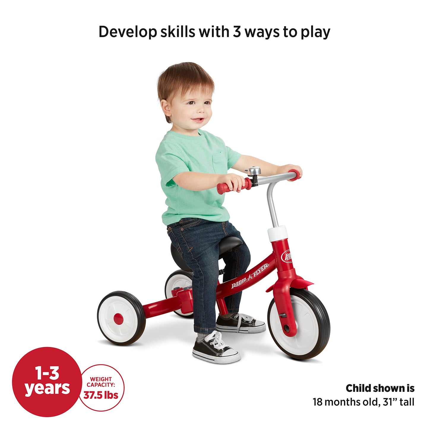 Radio Flyer Triple Play Trike, Red Toddler Tricycle, Balance Bike, and Ride On For 1-3 Years