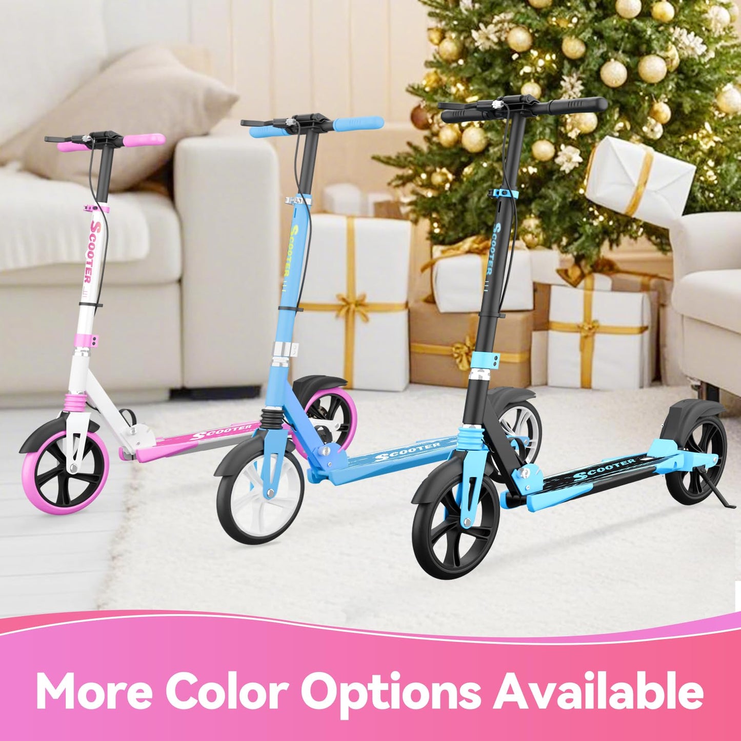 MEE GOO foldable scooter with pink frame, disc brake, dual shock absorbers, and 200mm PU wheels for teenagers and adults.