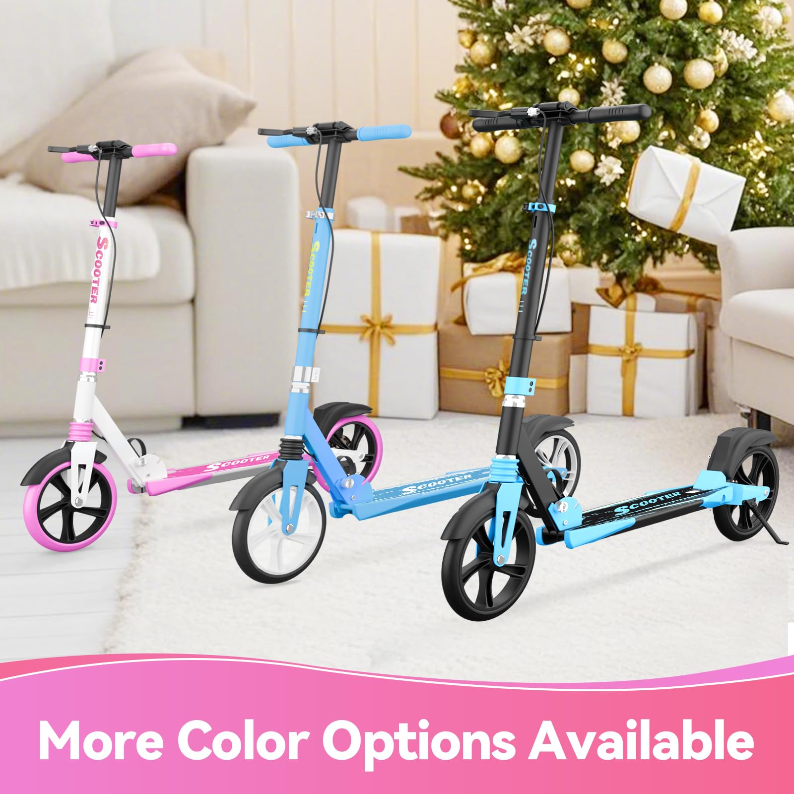 MEE GOO foldable scooter with pink frame, disc brake, dual shock absorbers, and 200mm PU wheels for teenagers and adults.