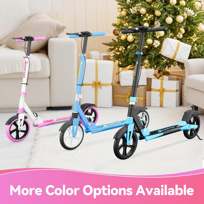 MEE GOO foldable scooter with pink frame, disc brake, dual shock absorbers, and 200mm PU wheels for teenagers and adults.