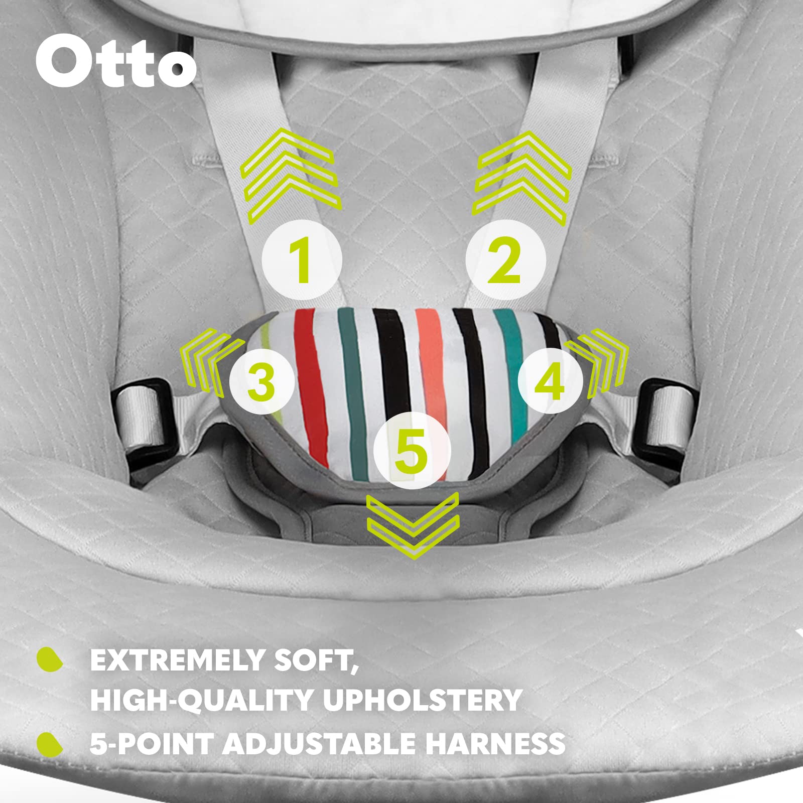 Lionelo OTTO baby rocker with soft cushion, 5-speed electric swing, nature sounds, and 5-point harness for newborns and infants.