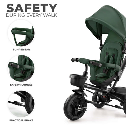 Kinderkraft AVEO Trike from 9 Months to 5 Year, Tricycle with adjustable parent handle, Trike for baby kids toddler, Foldable, Free Wheel Function, Protection from Sun, Cupholder, Toy basket, Green