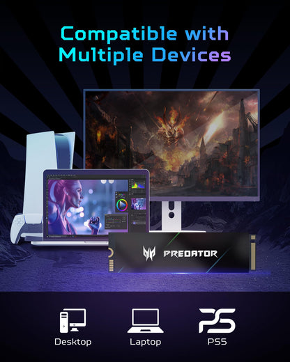 Acer Predator GM7000 1TB PCIe Gen4x4 NVMe M.2 SSD with DRAM cache, showing the internal gaming solid-state drive.