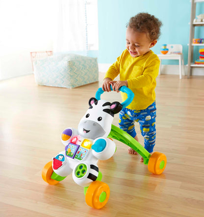 Fisher-Price Learn with Me Zebra Walker First Steps Baby Walker Push Along Toy with Lights, Music, Baby Girl and Baby Boy Toys Hands-On Toddler Baby Push Along Walker UK English Version, GXC31