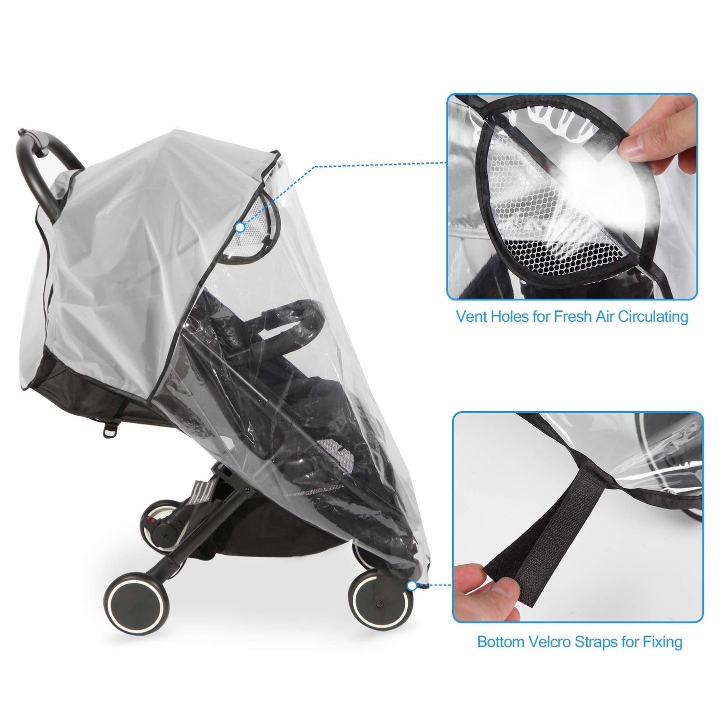 Hrzeem universal pushchair rain cover protecting stroller from wind, rain, sun, dust, and snow with waterproof and windproof features.