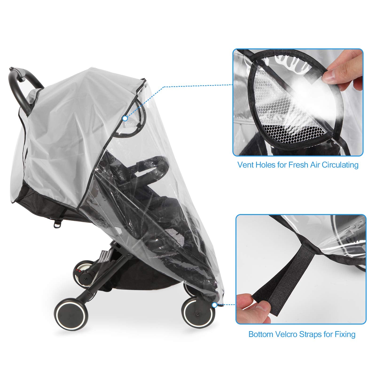 Hrzeem universal pushchair rain cover protecting stroller from wind, rain, sun, dust, and snow with waterproof and windproof features.
