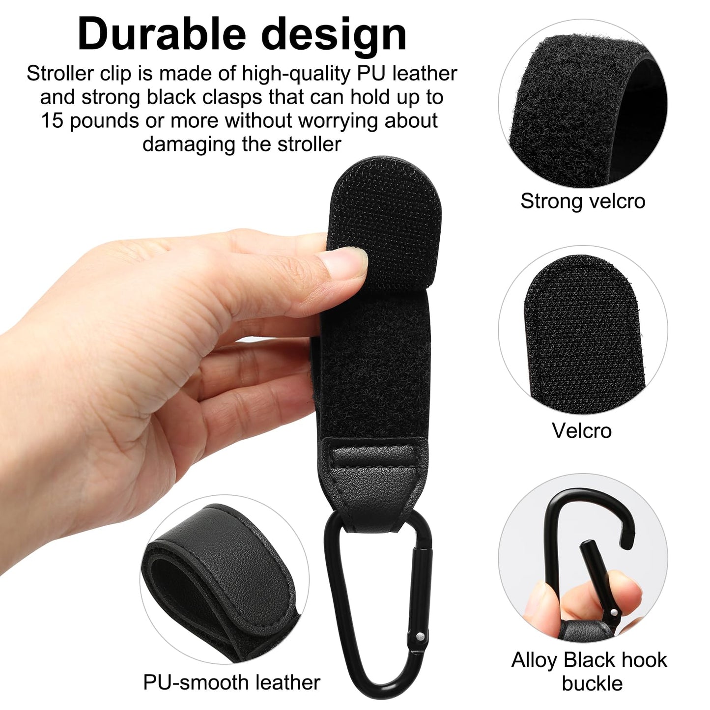 Set of four TENTHPEO PU leather stroller clips with adjustable straps and anti-slip design for bags, diaper bags, and backpacks.