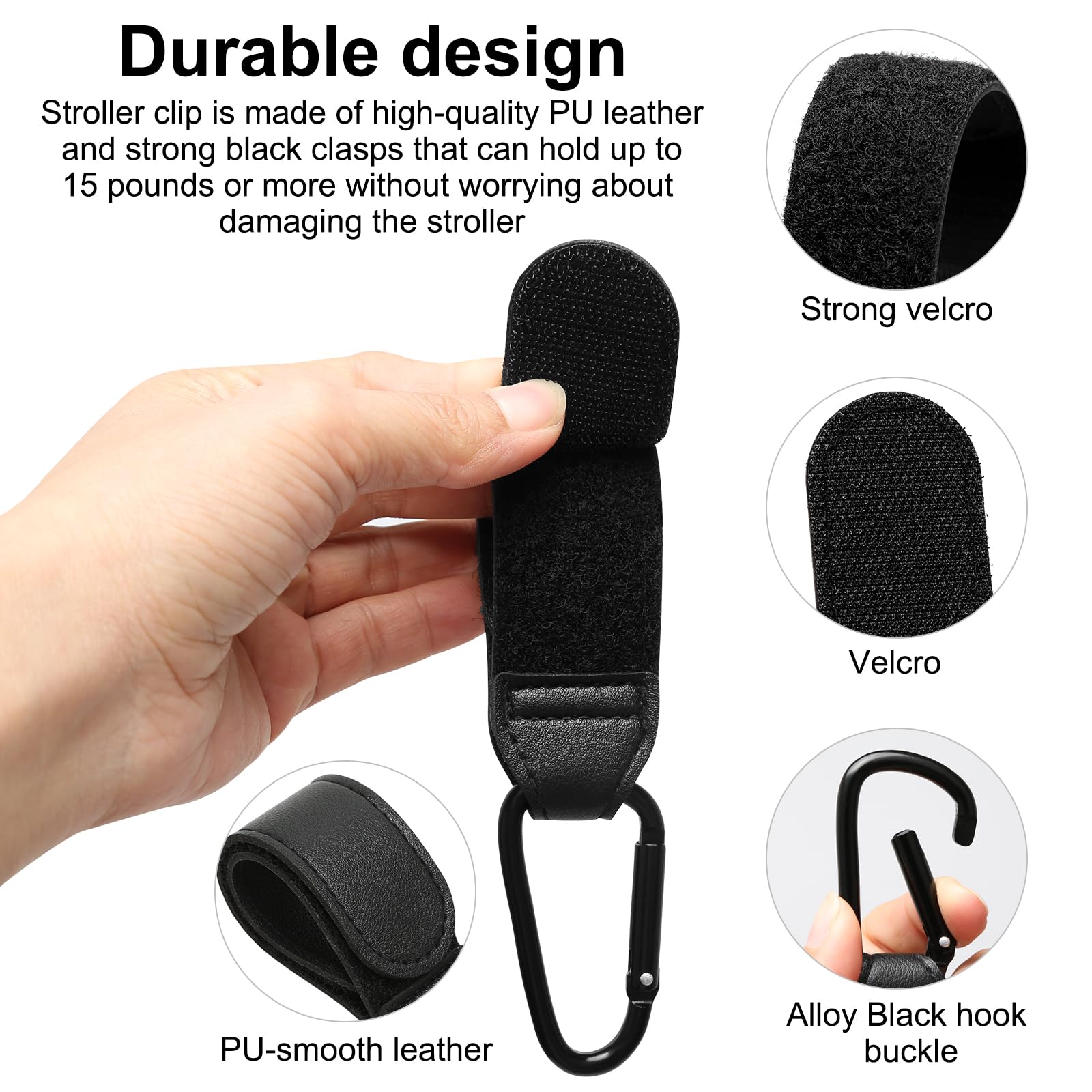 Set of four TENTHPEO PU leather stroller clips with adjustable straps and anti-slip design for bags, diaper bags, and backpacks.