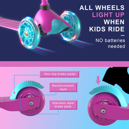 FAYDUDU 3 Wheel Scooter with LED Children's Scooter for Children from 2-5 Years, Adjustable Height (Pink)