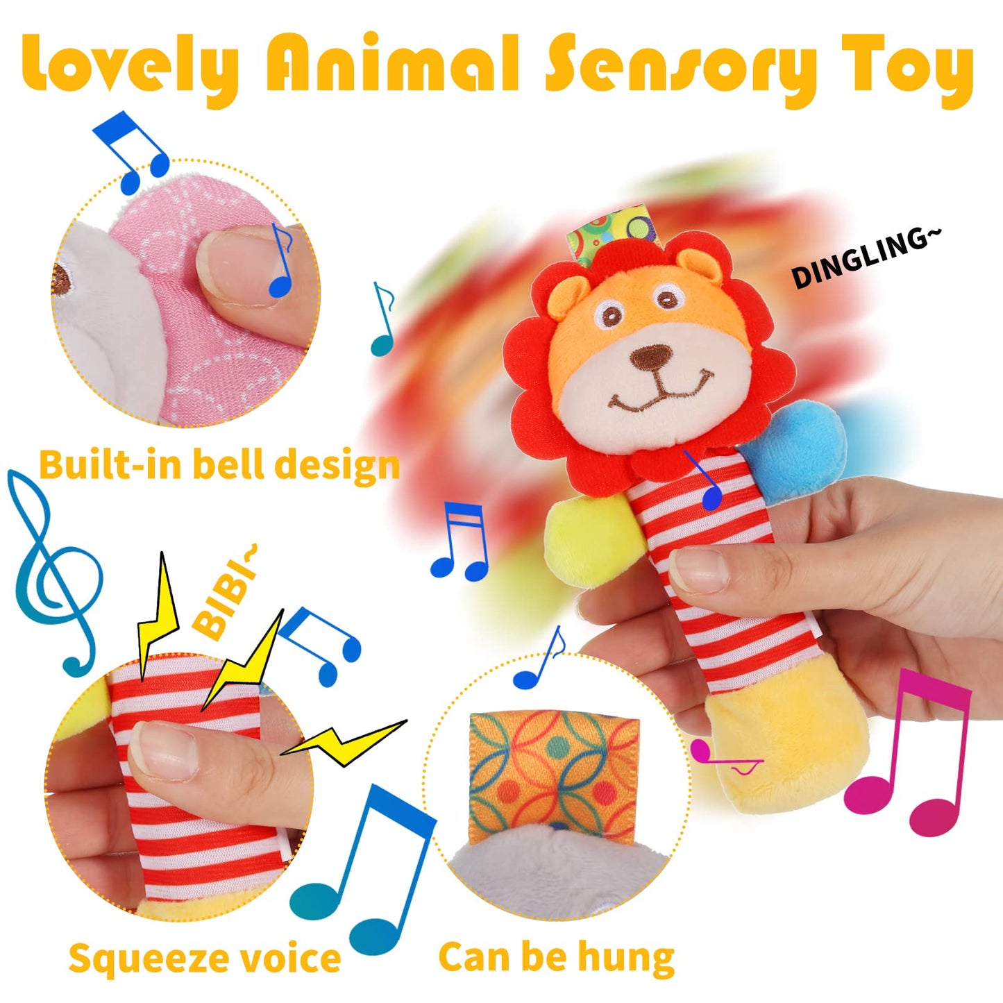 Baby Soft Rattles, 3 Pack Plush Animal Rattle Toys for Babies 0-6 Months, First Baby Sensory Toy with Sound for 0 3 6 Month Infant Gift (Elephant, Lion, Cat)