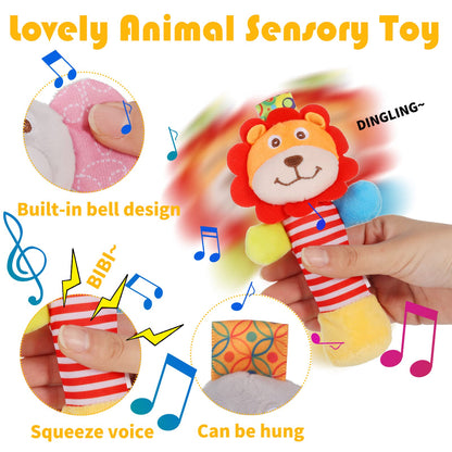 Baby Soft Rattles, 3 Pack Plush Animal Rattle Toys for Babies 0-6 Months, First Baby Sensory Toy with Sound for 0 3 6 Month Infant Gift (Elephant, Lion, Cat)