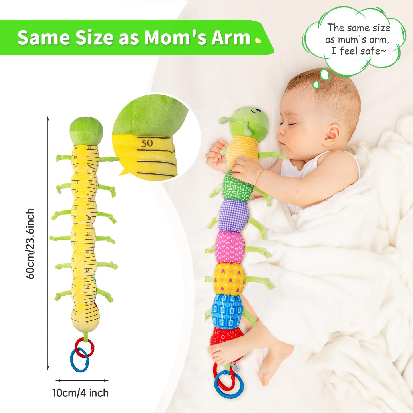 Accevo baby musical multi-sensory caterpillar plush toy with crinkle, rattles, and textures for tummy time and sensory play.