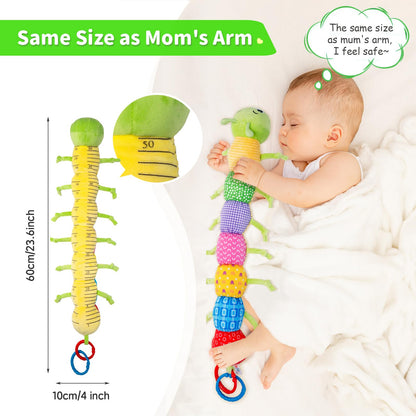 Accevo baby musical multi-sensory caterpillar plush toy with crinkle, rattles, and textures for tummy time and sensory play.