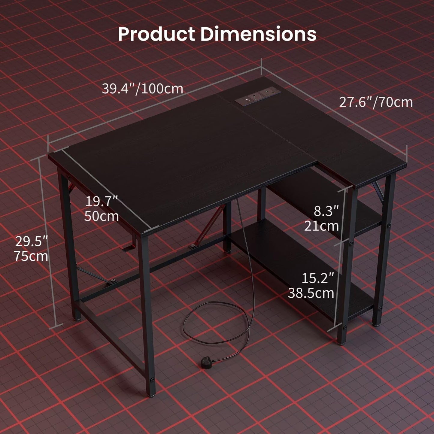 DOMSHOCT L Shaped Gaming Desk with Power Outlets, 100x70cm Small Corner Computer Table with Large Reversible Storage Shelves, Home Office PC Workstation with Hooks for Writing Study, Black