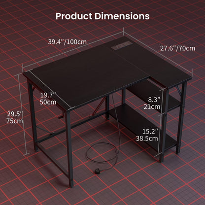 DOMSHOCT L Shaped Gaming Desk with Power Outlets, 100x70cm Small Corner Computer Table with Large Reversible Storage Shelves, Home Office PC Workstation with Hooks for Writing Study, Black