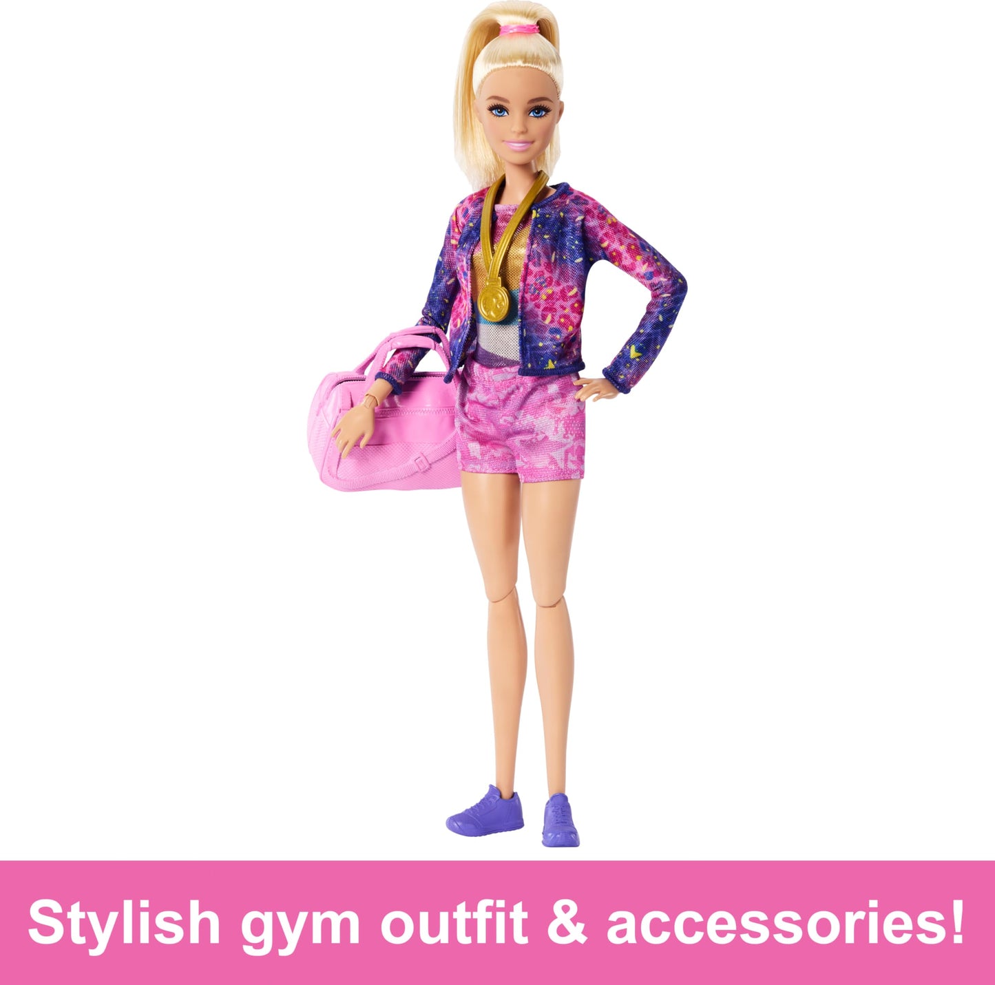 Barbie Gymnastic Fun Play Set featuring a blonde doll, balance beam, and over 10 themed accessories for imaginative play.