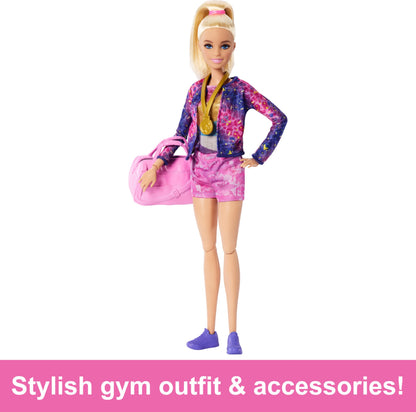 Barbie Gymnastic Fun Play Set featuring a blonde doll, balance beam, and over 10 themed accessories for imaginative play.